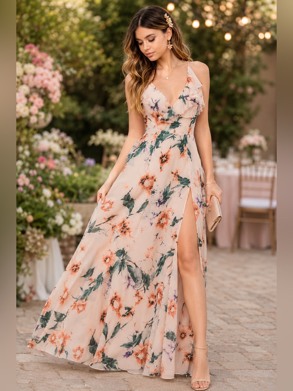 Crystal Doll Floral Maxi Dress Size 7 Corset Back Wedding Guest Slit Gown
